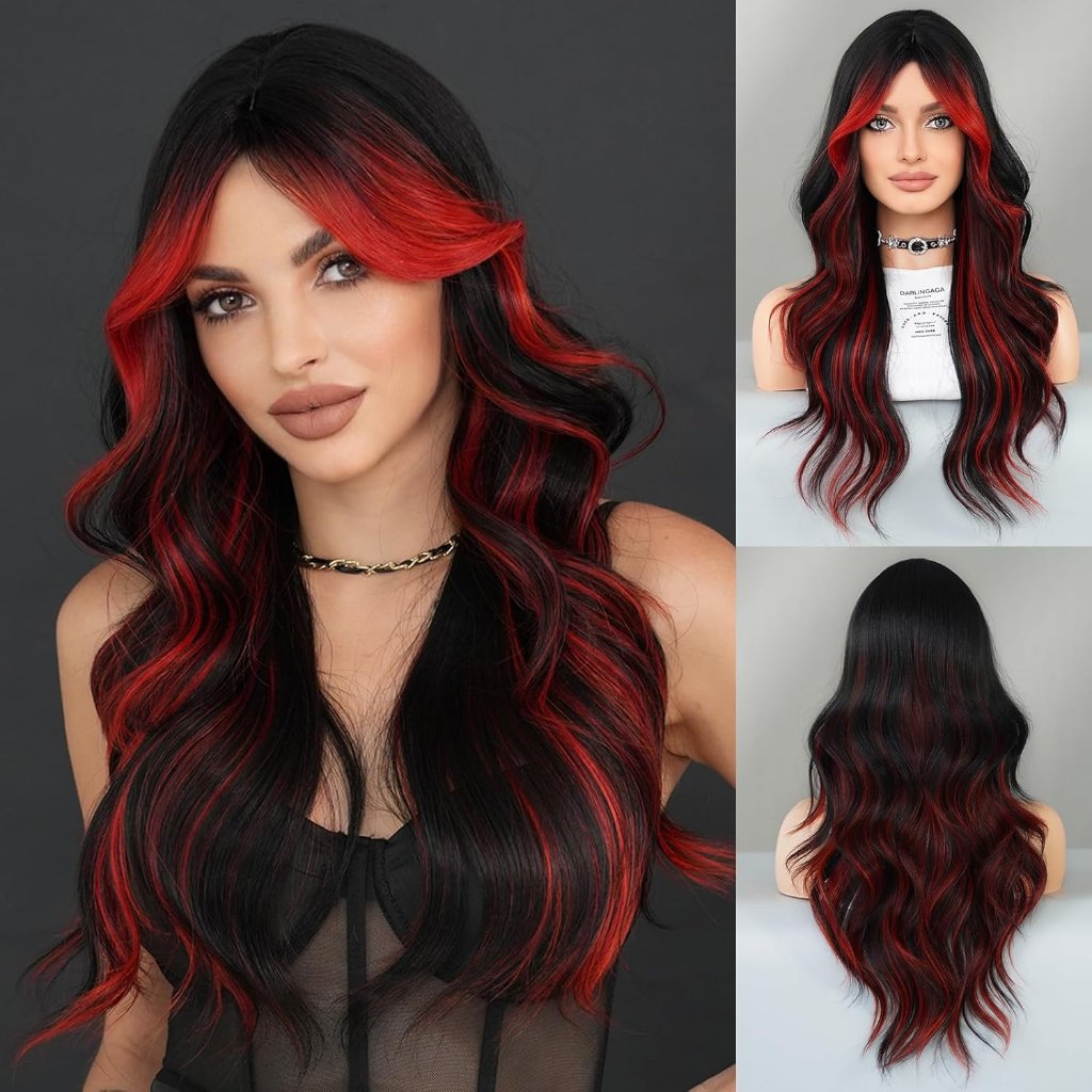 Black Red Highlight Long Wavy Wig With Curtain Bang 26 Inch Red Black Ombre Synt